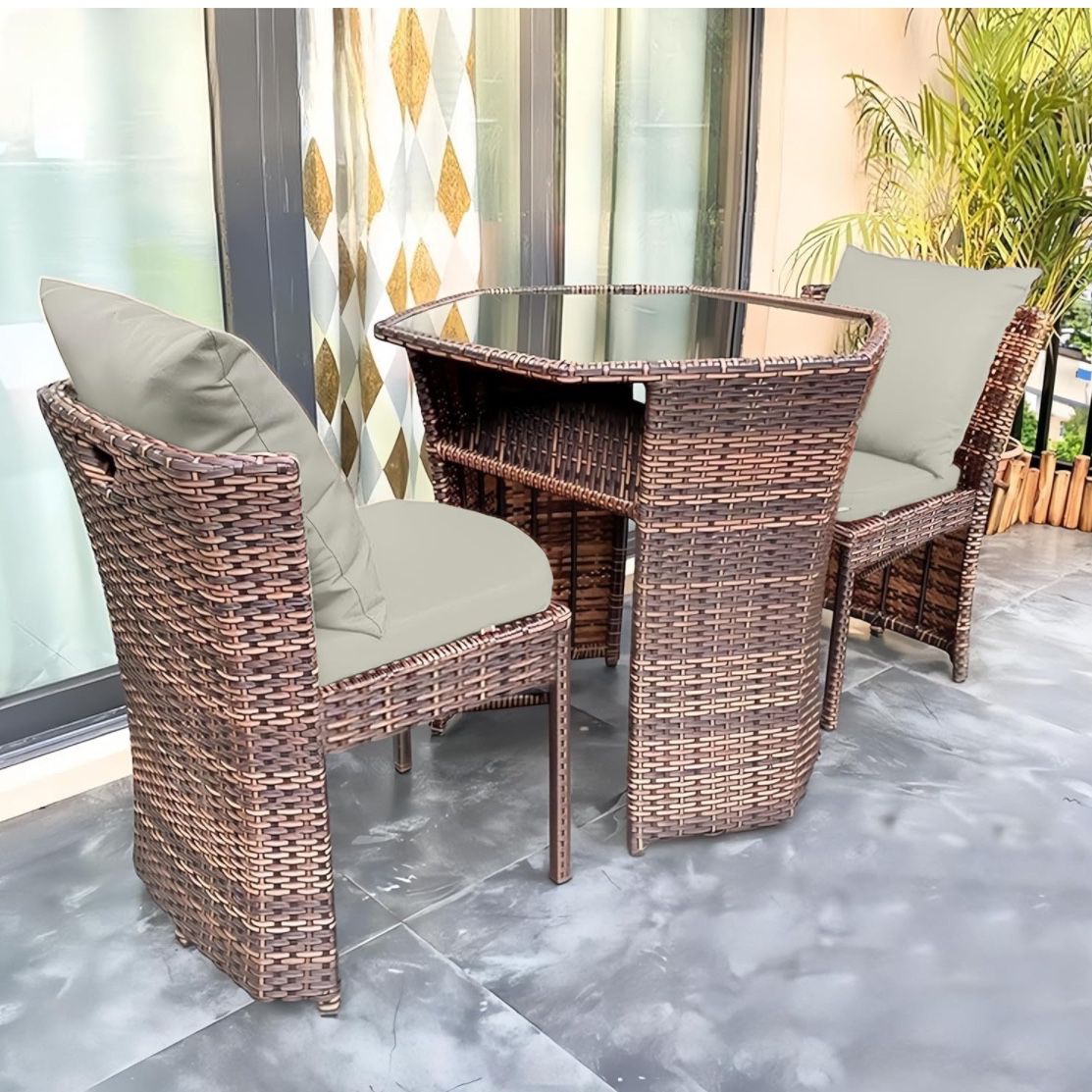 godohome 3 Piece Nordic Minimalist Outdoor Rattan Wicker Chair and Hexagonal Table Set – Weatherproof and Comfort Design Perfect for Patio and Courtya
