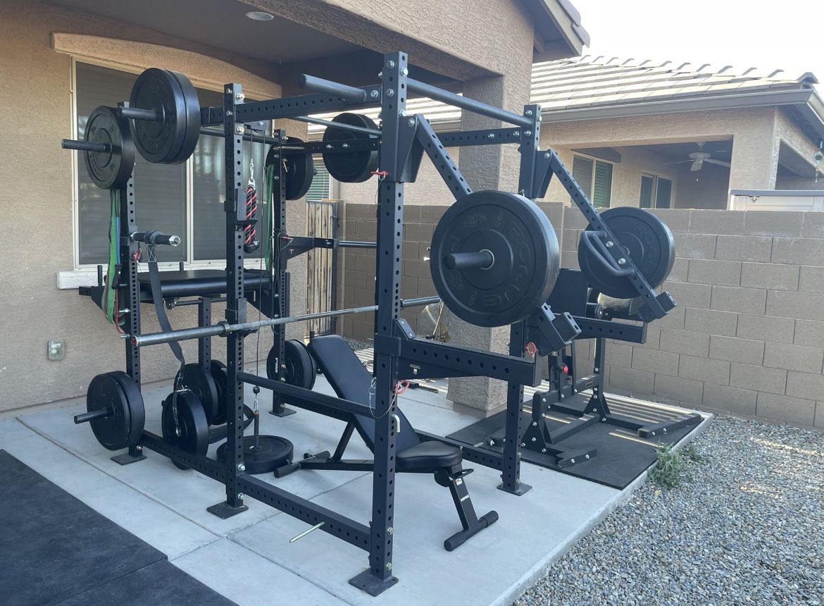 Double Squat Rack + 600lbs Of Bumpers + Bar