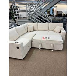 Beige  / Dark Gray Corduroy Luxury Comfort Convertible Sectional Pull Out Bed