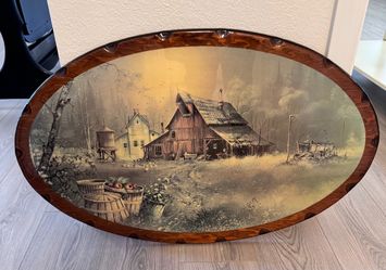 Vintage Oval Wood Framed Farmhouse Scene Wall Art