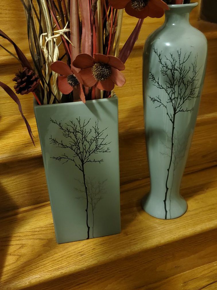 Two Gray Vase With Flowers