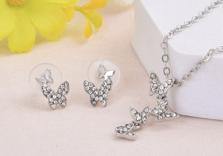 $8 Alloy Butterflies Tiered Necklace And Earrings, Nickel free