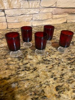 Set of 5 ruby red footed glasses
