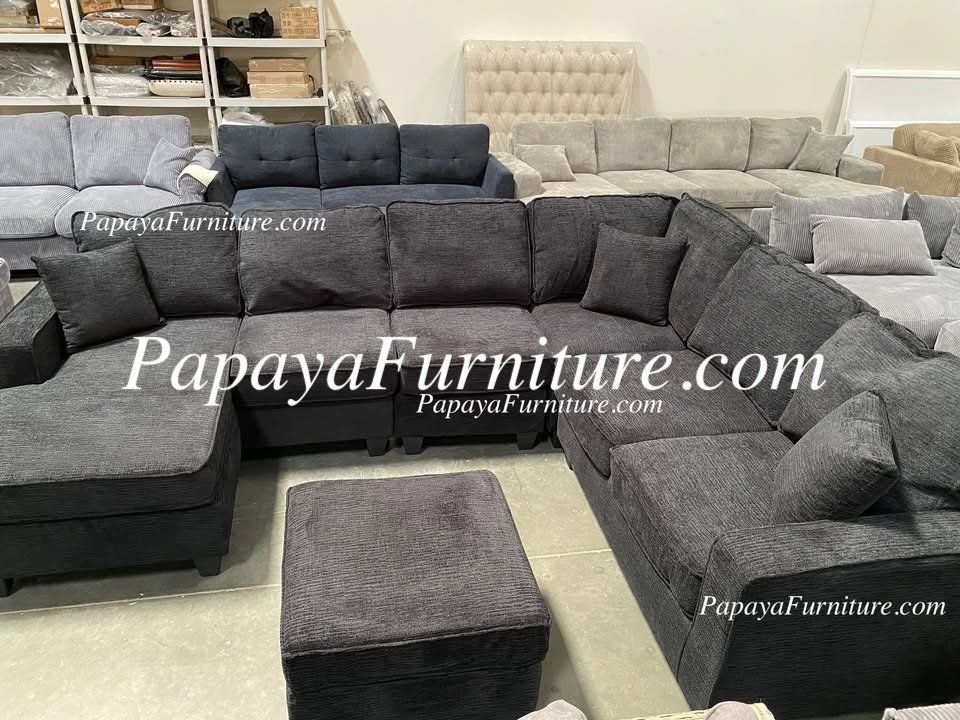 NEW Black Fabric Modern U Shape Sectional Sofa Ashley Style Chaise Ottoman Set BIG SALE Discount Furniture Warehouse Couch Seccional Large 