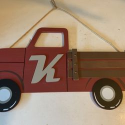 New Wooden Truck W/ Letter K. 20 Inches Long. Has Raised Details & Painted Accents, Has Rope Hanger