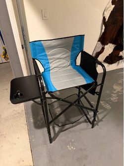 Karl Home 31in Sky Blue Iron Pipe Folding Director Chair with Built-in Cup Holder, Side Table, Storage Pocket
