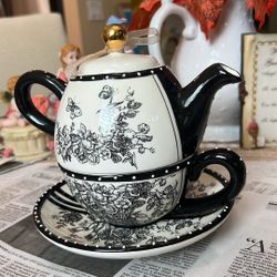 This is a Mud Pie black and white ceramic "tea for one" set.  