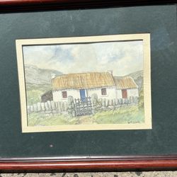 Framed Watercolor Painting Traditional Irish Cottage Signed W.P. Blair Insert 8x5 Framed 13x11 William P. Blair