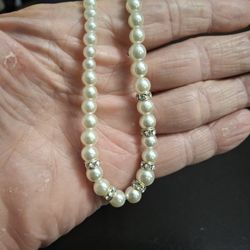 Vintage Faux Pearl Choker Necklace With Rhinestones- Size 15" W/2" Extra Chain