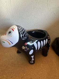 Halloween Clearance – Day of the Dead Black Ceramic Dog Planter, Sugar Skull Style