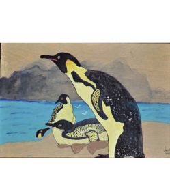 Penguins On Wood Painting 