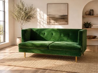 CB2 Avec Emerald Green Velvet Apartment Sofa | Brass Legs
