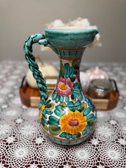 Vintage Italian Sgraffito Majolica Pottery Braided Handle Pitcher