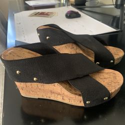 Ladies Black Cork Wedge Sandal - 6.5