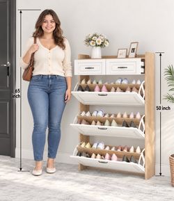 White & Oak Shoe Cabinet with 3 Doors & 2 Drawers, Large Capacity Entryway Storage Organizer