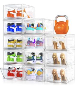 12 Pack Clear Shoe Storage Organizer with Magnetic Door,Stackable Plastic Shoe Boxes for Sneakers,Boots,and Heels,Space-Saving Foldable Shoe Rack for 