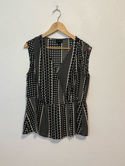 Who What Wear Polka Dot Sleeveless Faux Wrap Peplum Blouse Black Cream SZ Large