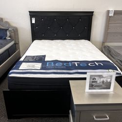 Queen Black Bed Frame With Diamonds In Tufted Headboard