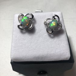 Natural cabochon Opal and diamond accent earrings