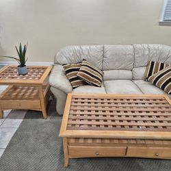 Large wooden coffee table with matching side tables