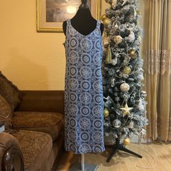 MSK Blue And White Midi Dress With A Boho Vide 