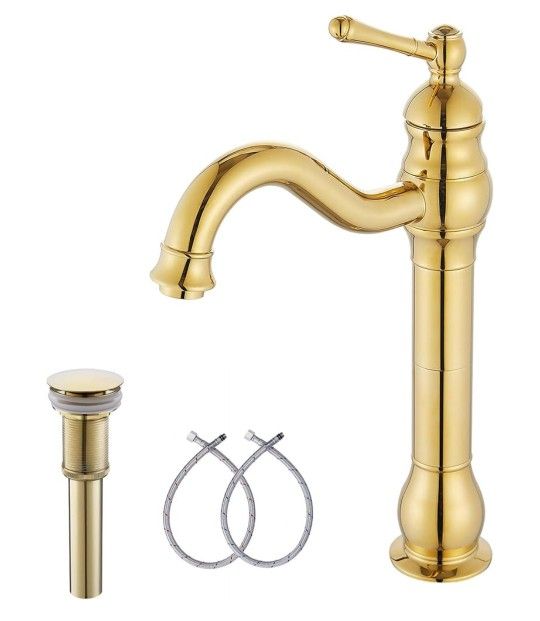 GGSTUDY Polished Gold Vessel Sink Faucet Single Handle 1-hole Mount With Matching Pop-up Drain New