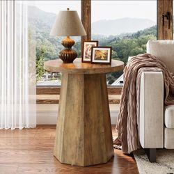 Farmhouse Round End Table, Wooden Couch Side Table with Octagonal Base, Rustic Brown