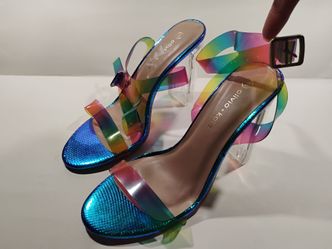 Olivia + Kate rainbow clear platform heel with ankle strap. Size 8