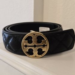 Brand New Black Tory Burch Willa Quilted Belt With Gold Logo Buckle. Size M