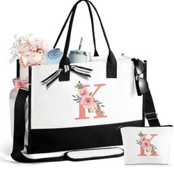 Gifts for Women Birthday Gifts for Women Large Initial Canvas Tote Bag Makeup Bag Beach Travel Shopping