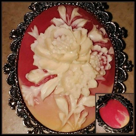 VINTAGE ORNATE VICTORIAN MID CENTURY ART NOUVEAU ART DECO GERMANY FLORAL FLOWER FIRE CAMEO BROOCH PIN ANTIQUE JEWELRY