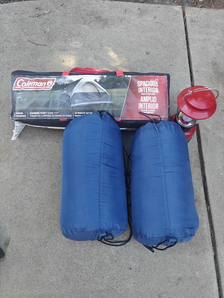 Camping Gears, Coleman 5 Person Tent And Two Sleeping Bags