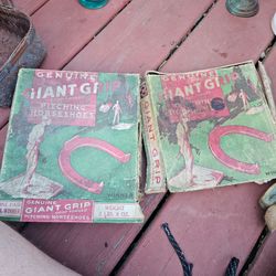vintage box of Genuine Giant Grip Pitching Horseshoes, produced by the ⁠Giant Grip Mfg. Co. based in Oshkosh, Wisconsin. 1930s 40s