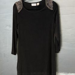Chico’s Travelers Women’s Slinky Knit Beaded Shoulder Blk Blouse Top Size 0(Sm)