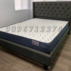 Queen Gray Wingback Button Tufted Bed w. orthopedic Mattress included