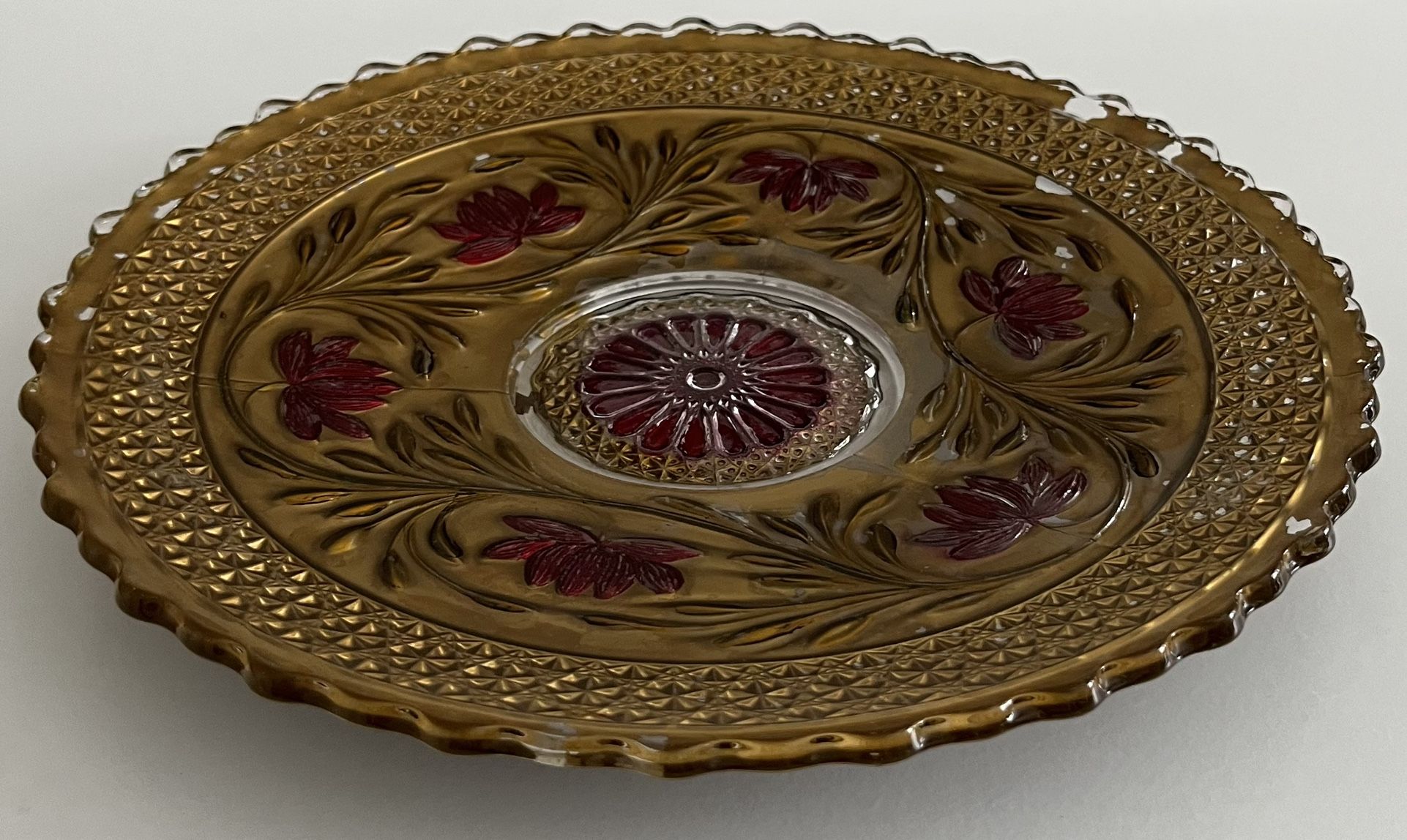 Antique Goofus Glass Round Platter Sawtooth Edge