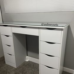 White Vanity Desk With Glass Protector 