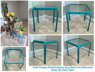 Small Freshly Painted Square Aqua Metal with Obscured Glass Top Patio Table