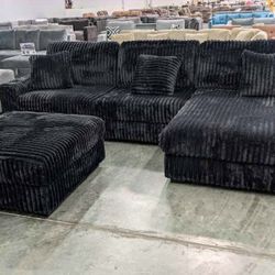 New Black Corduroy 4 Piece Modular Sectional Couch with USB and Cup Holders! 