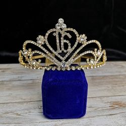 Gold Rhinestone Sweet 16 Crown Tiara Gift Keepsake