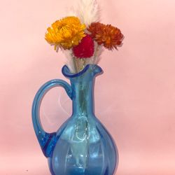 Rainbow Art Glass Cruet With Stopper, Blue, 6.25 Inches And Blown