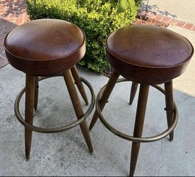 2 Vintage Mid-Century Modern Brown Vinyl BAR STOOLS Barstools Tiki Palm Beach MCM Retro Antique Hollywood Regency 