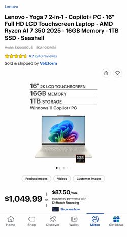 Lenovo Laptop - Yoga 7 2-in-1 - Copilot+ PC - 16" Full HD LCD Touchscreen Laptop - AMD Ryzen Al 7  - 16GB Memory - 1TB SSD - Seashell