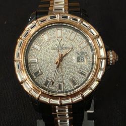 Toy Watch Gems Paved Crystal Dial Bracelet 40mm 5atm Black Rose Gold Tone RUNS 