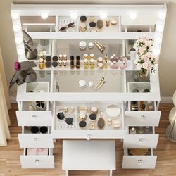 Vanity with Lighted Mirror - Makeup Vanity Desk with Glass Top, 7 Drawers and Power Outlet, 3 Color Lighting Modes Adjustable Brightness, 44" Vanity T