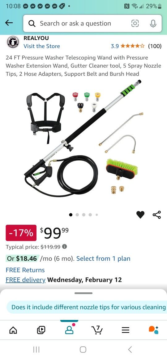 24 FT Pressure Washer Telescoping Wand with Pressure Washer Extension Wand, Gutter Cleaner tool, 5 Spray Nozzle Tips, 2 Hose Adapters, Support Belt 