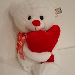 White Teddy Bear With Heart & Ribbon