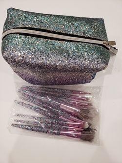10pcs glitter makeup brushes with large glitter cosmetic organizer bag