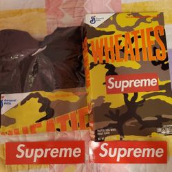 Supreme X Wheaties Black Tee Size L & Orange Camo Cereal Box