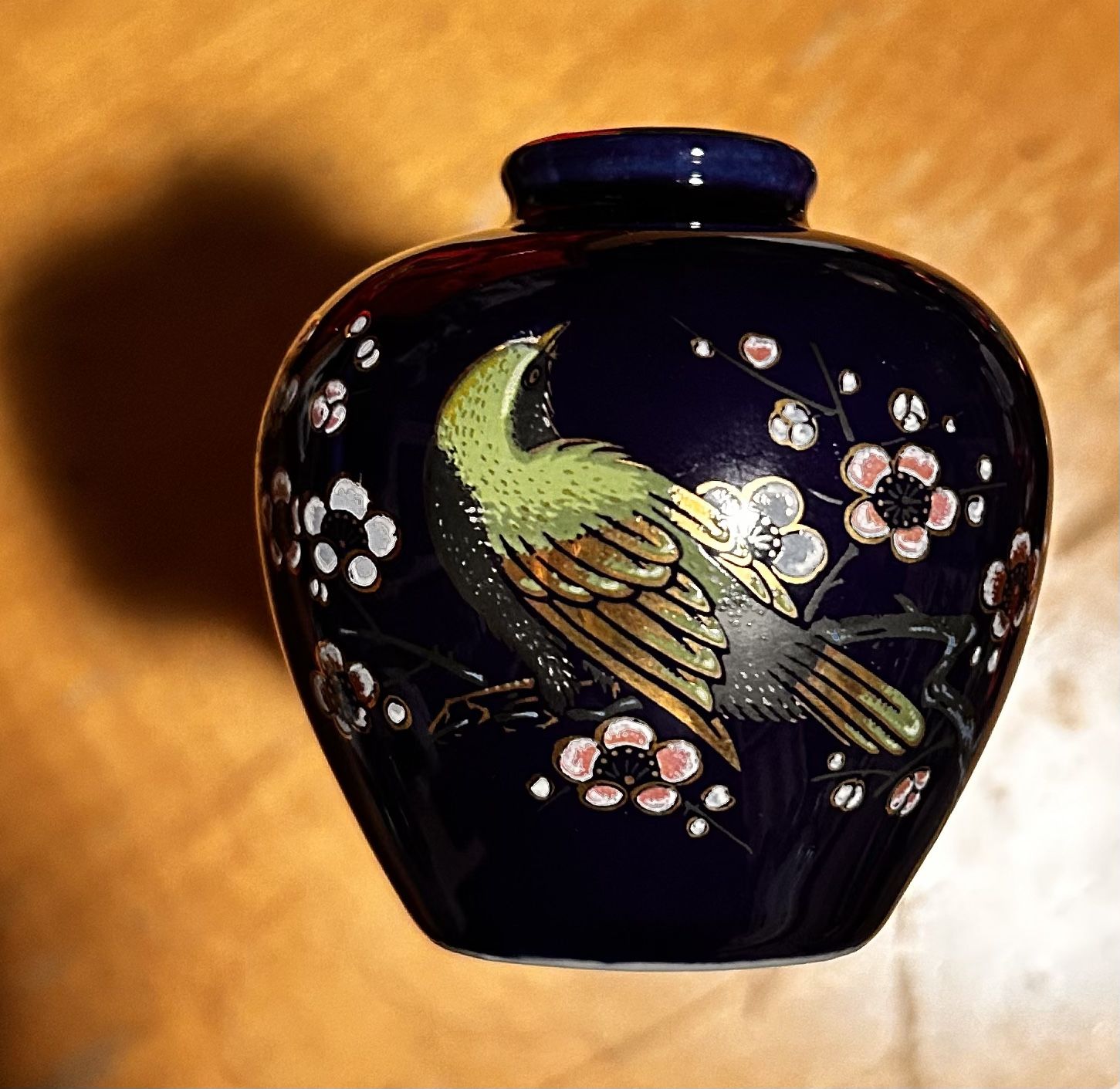 2.5” Mini Japanese Vase Cobalt Blue Gold Rim Bird Flowers